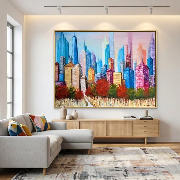 Handmade Other - Original Colorful Acrylic Painting New York City Skyline From Central Park 30x24